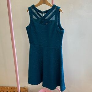 Blush by Us Angels Teal Sleeveless Fit-and-Flare Dress with Crisscross Mesh Back